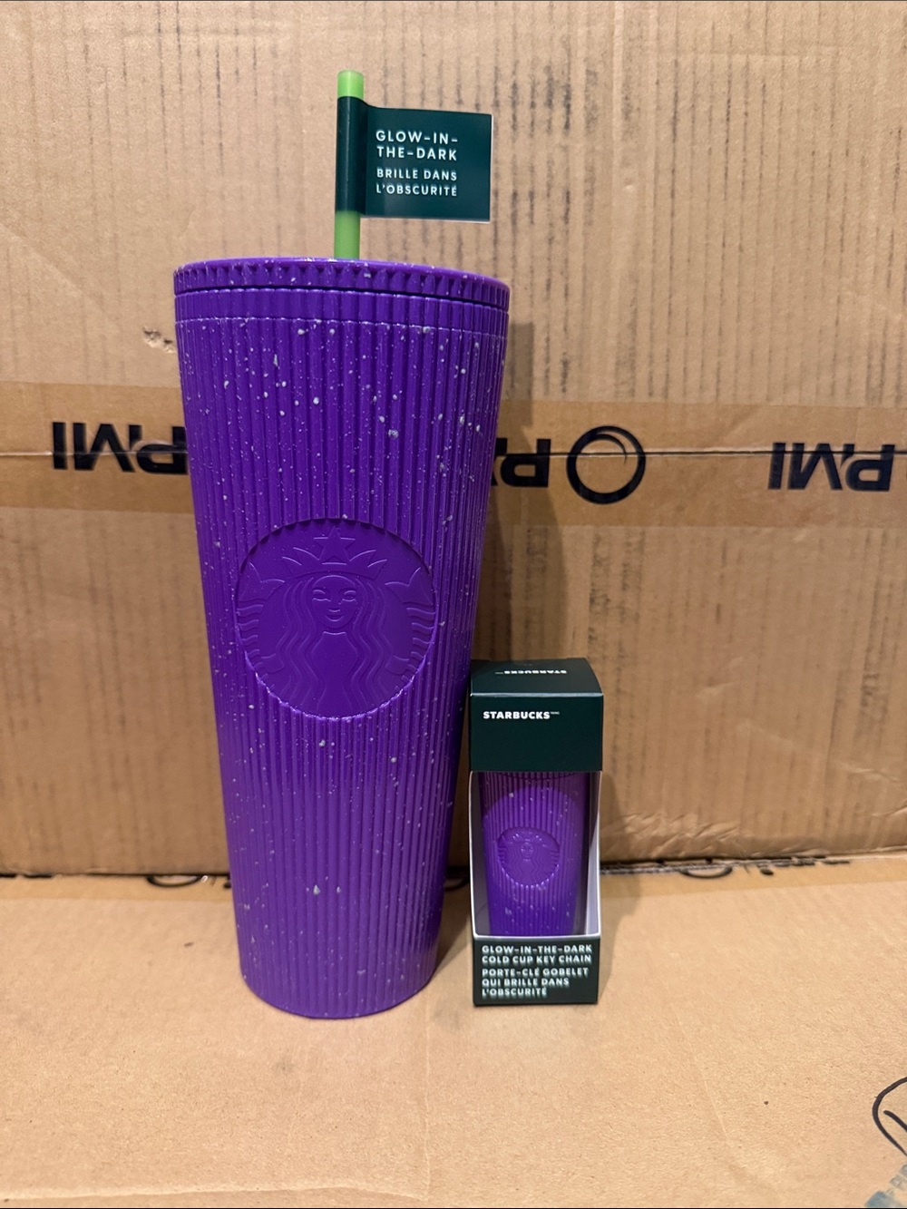 Set - Starbucks Purple Ribbed Glow-In-The-Dark Tumbler with Green Straw Accent